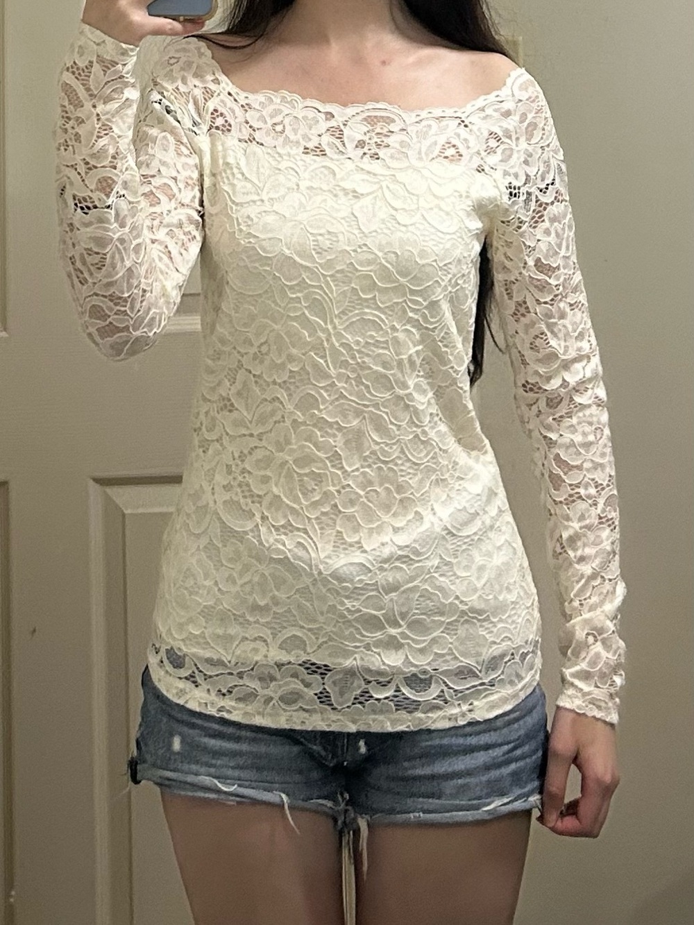 Suzy Shier Ivory Floral Lace Boatneck Top